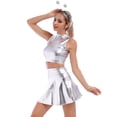 thumbnail image 6 of Women's 3Piece Metallic Outfit Shiny Crop Top + Silver Flared Skirt + Alien Headband Halloween Costume Clubwear Musical Festival Rave Outfit S Silver - Turtleneck, 6 of 8