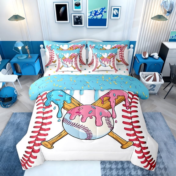 Erosebridal Baseball Sport Twin Bedding Sets for Kids Boys Girls, Ice Cream Drip Bedding Comforter Set, Colorful Polka Dots Reversible, 7-Piece