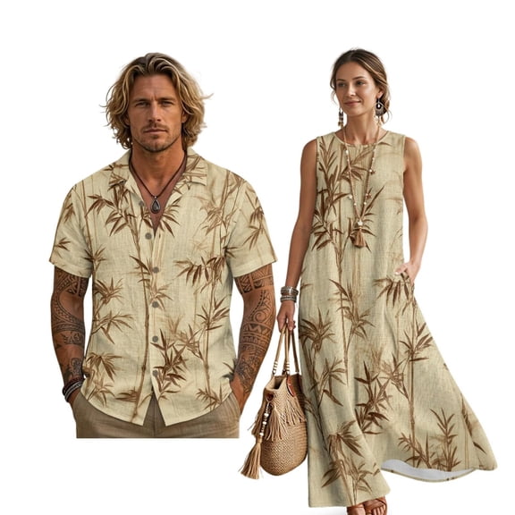 FOR U DESIGNS Vintage Tree Leaf Print Couple Matching Outfits Chinese Style Couple Shirt and Dress Linen-Like Men's Button Down Shirt Womens Sleeveless Summer Dress