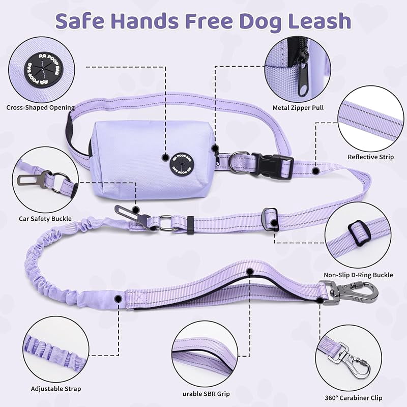 Hands Free Dog Leash with Zipper Pouch, 6-9ft Bungee Waist Leash for Medium Large Dogs Walking, Running Lead with Dual Padded Handles Car Safety Buckle for Training Jogging