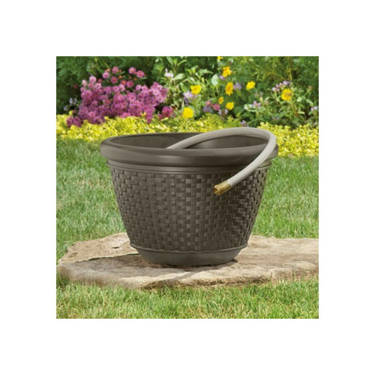 Suncast 100 Foot Resin Wicker Garden Water Hose Storage Holder Pot