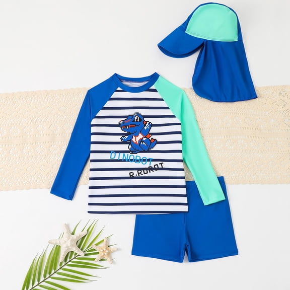 Boys' Swimwear 2 Piece Set 3 Piece Set Quick Dry Crocodile Long Sleeved Swimsuit Shorts Swim Cap Blue 7 Y-8 Y