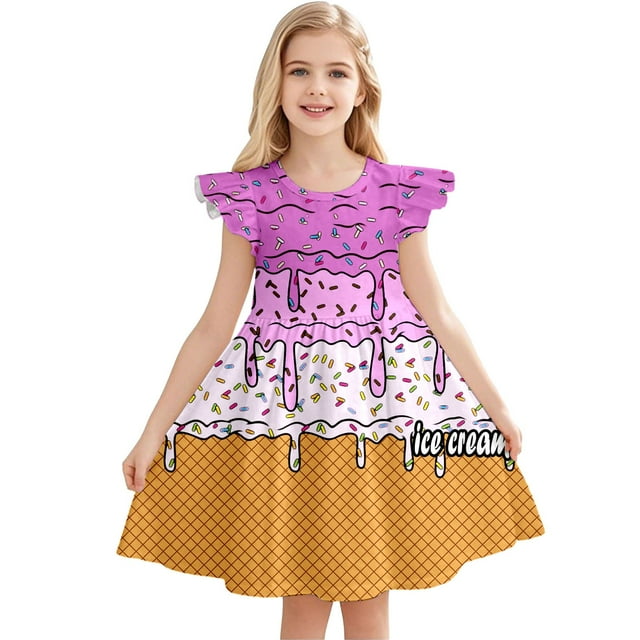 WEIYLL Robes pour Filles Sans Manches Manches Volantées Tout-Petits Enfants Imprimé Crème Glacée Robe Rose Vif 7-8 Ans