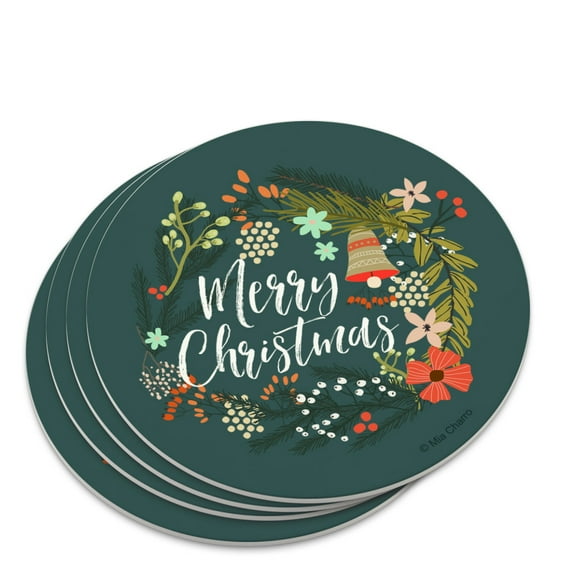 Merry Christmas Wreath Mistletoe Bell Novelty Coaster Set