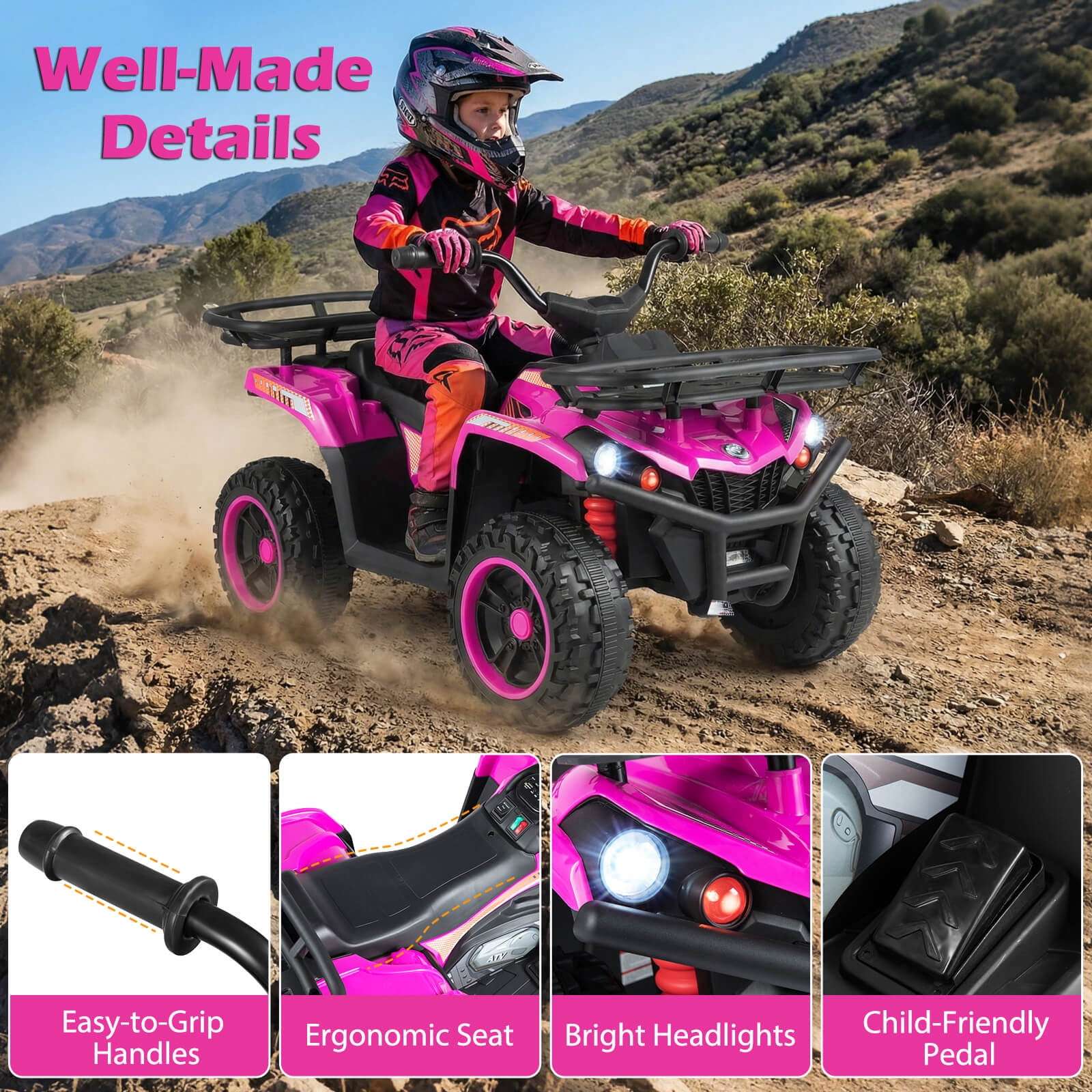 Costway 24V 4-Wheeler Ride on Toy with Slow Start, Songs, Stories, Tunes, MIC/SD/USB Port Pink