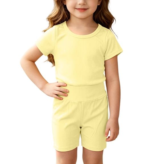 Juorvia Girls Summer Outfits 2pc Toddler Knitted Ribbed Classic Fitted Crew Neck T-Shirts High Waist Shorts(18-19 Months,Yellow)