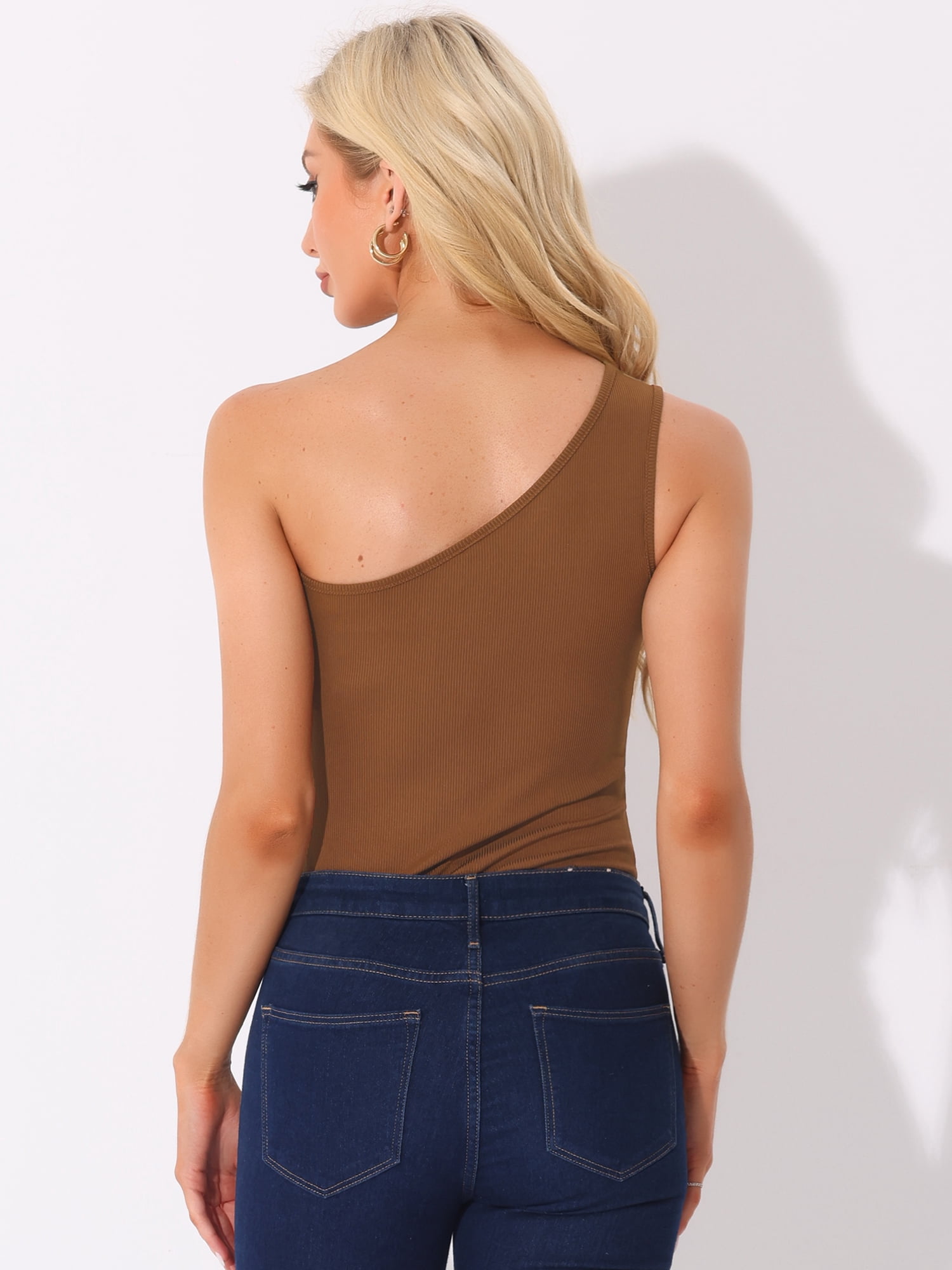 DARING DIVA Bodysuit One Shoulder Slim Fit Ribbed Tank Tops L Coffee