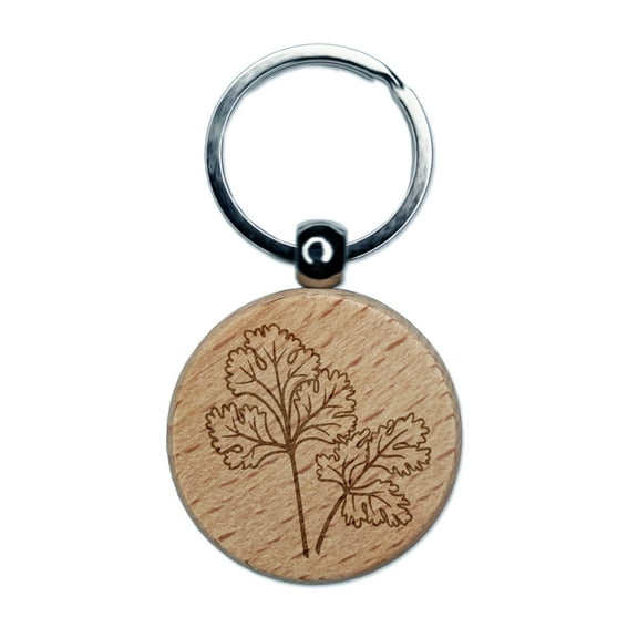 Cilantro Herb Plant Round Keychain Charm Tag - Engraved Wood