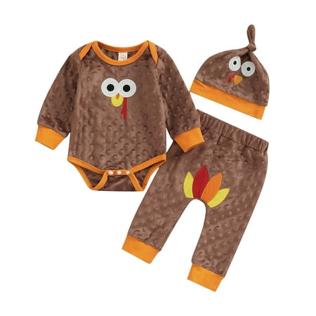 

Musuos Baby Romper Suit Turkey Embroidered Long Sleeve Crew Neck Jumpsuit + High Waist Pants + Beanie Hat