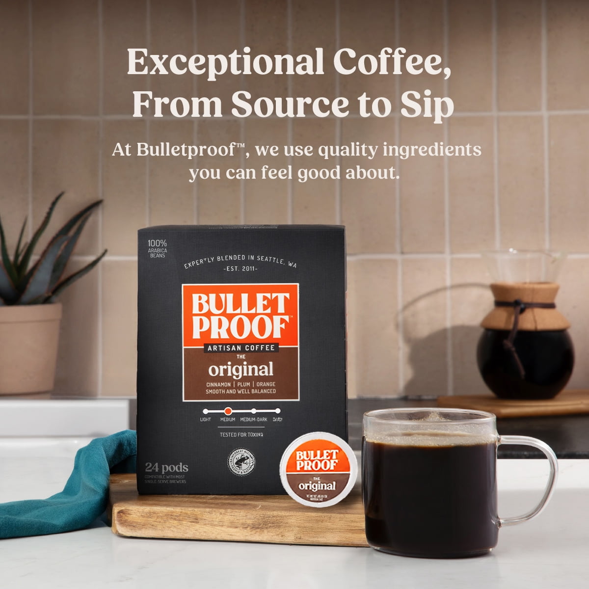 Bulletproof Original Medium Roast Single-Serve Pods, 24 Count, 100% Arabica Coffee, Clean Coffee Tested for Toxins