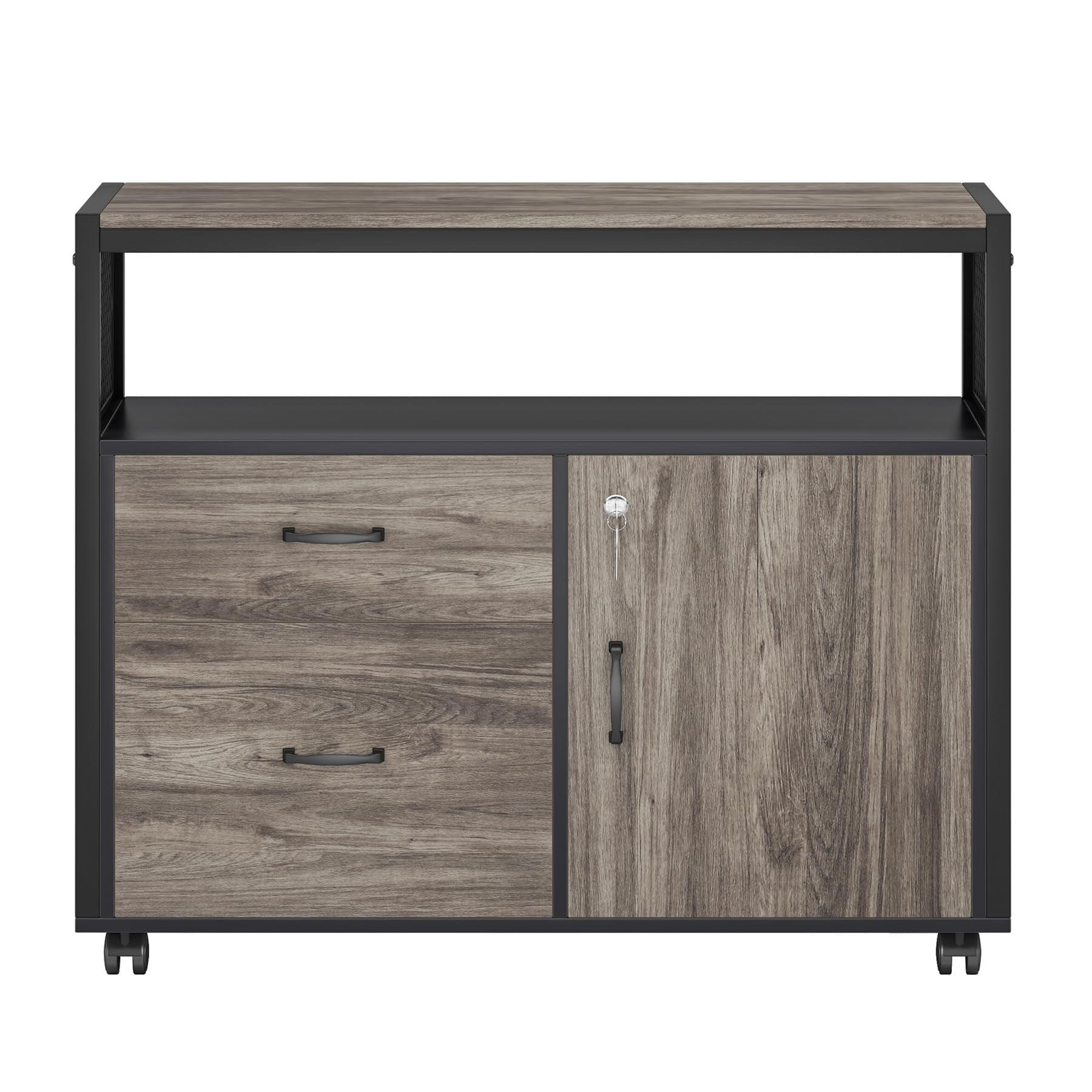 Fnova Modern File Cabinet with Drawers for Letter-Sized File, Lockable Lateral Filing Cabinet with Storage Shelves with Rolling Caster, Grey