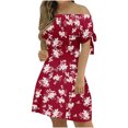 thumbnail image 2 of LOVZFMLL Robe pour Femmes Mode Été Aguichant à Épaules Dénudées Manches Courtes Imprimée avec Poches Rouge 2TG, 2 of 5