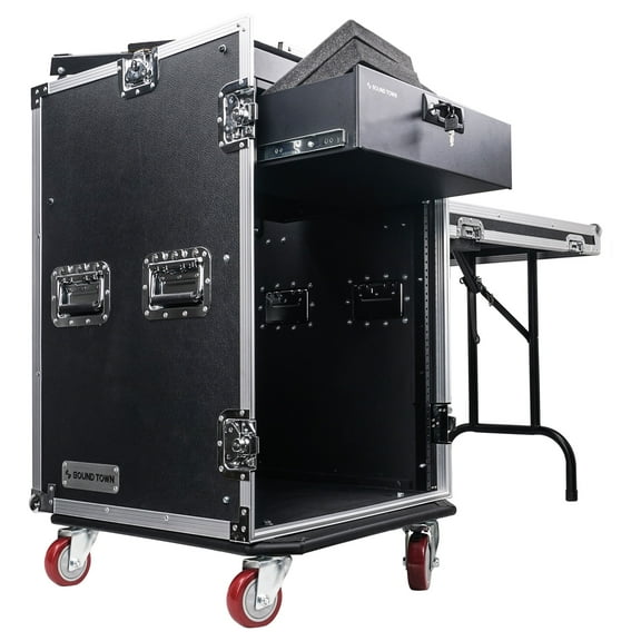 Sound Town Heavy-Duty 1/2" (12mm) Plywood 16U PA DJ Pro Audio Rack/Road ATA Case with 11U Slant Mixer Top, Locking Drawer, Side Table, 20’’ Rackable Depth and Casters (STMR-16TD3)