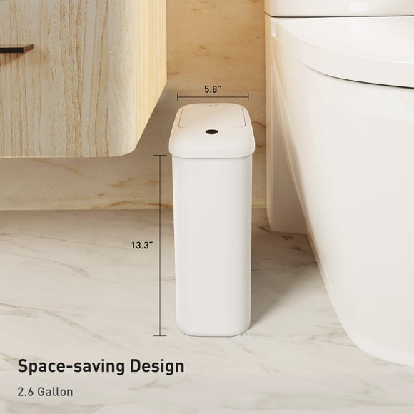 EKO Automatic Bathroom Trash Can with Lid 2.6 Gallon Slim Touchless Bathroom Garbage Can Waterproof Motion Sensor Trash Can for Bathroom Office Kitchen White