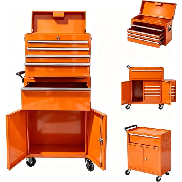 5-Drawer Rolling Tool Chest - Detachable Top Toolbox Lockable Wheels and Steel Cabinet for Garage Workshop Orange