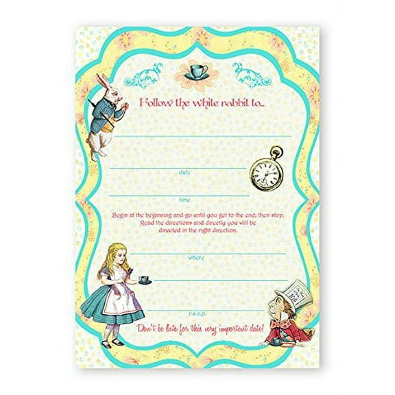 Alice in Wonderland LARGE Invitations - 10 Invitations 10 Envelopes