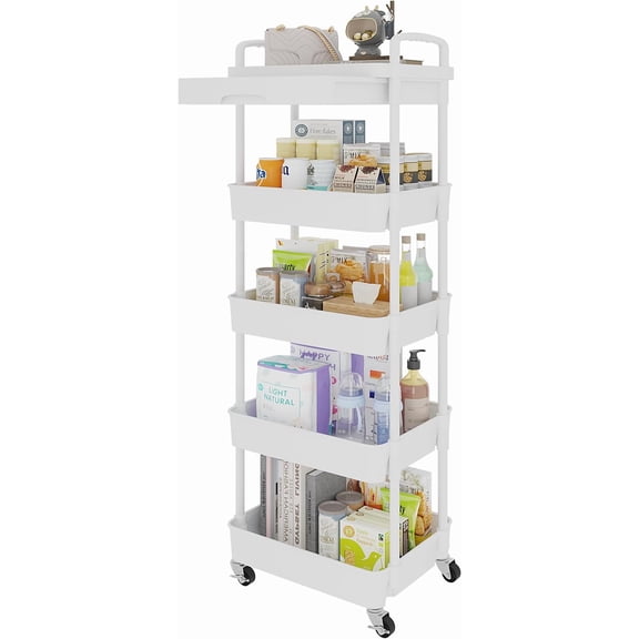 5-Tier Rolling Utility Cart with Drawer,Multifunctional Storage Organizer with  Shelf &  Wheels,Storage Cart for Kitchen,Bathroom, Room,Office,White