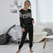 Sweatsuit Lounging Sweatshirt Sweatpants Leopard Splicing Long Sleeve Loose Pajamas Casual 2 Pieces Set Loungewear