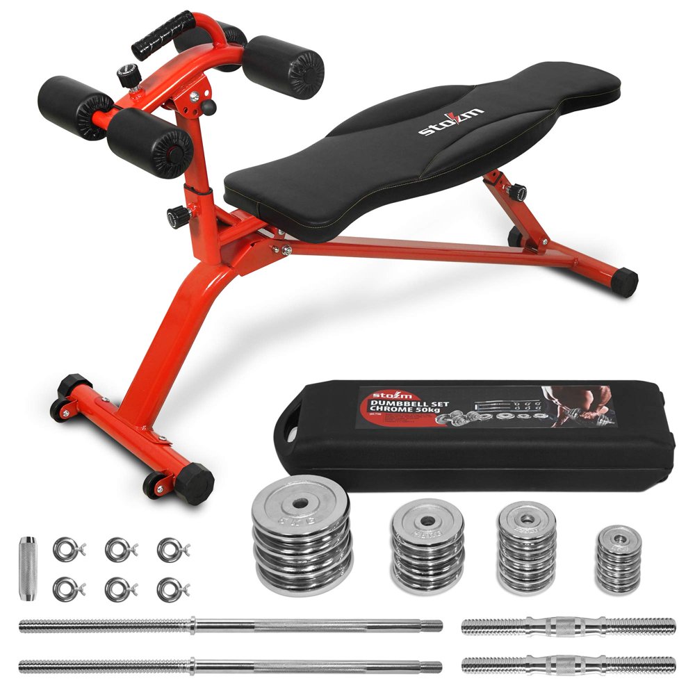 STOZM Foldable Adjustable Strength Training Bench / Sit up Bench (Red) and Dumbbell Set with