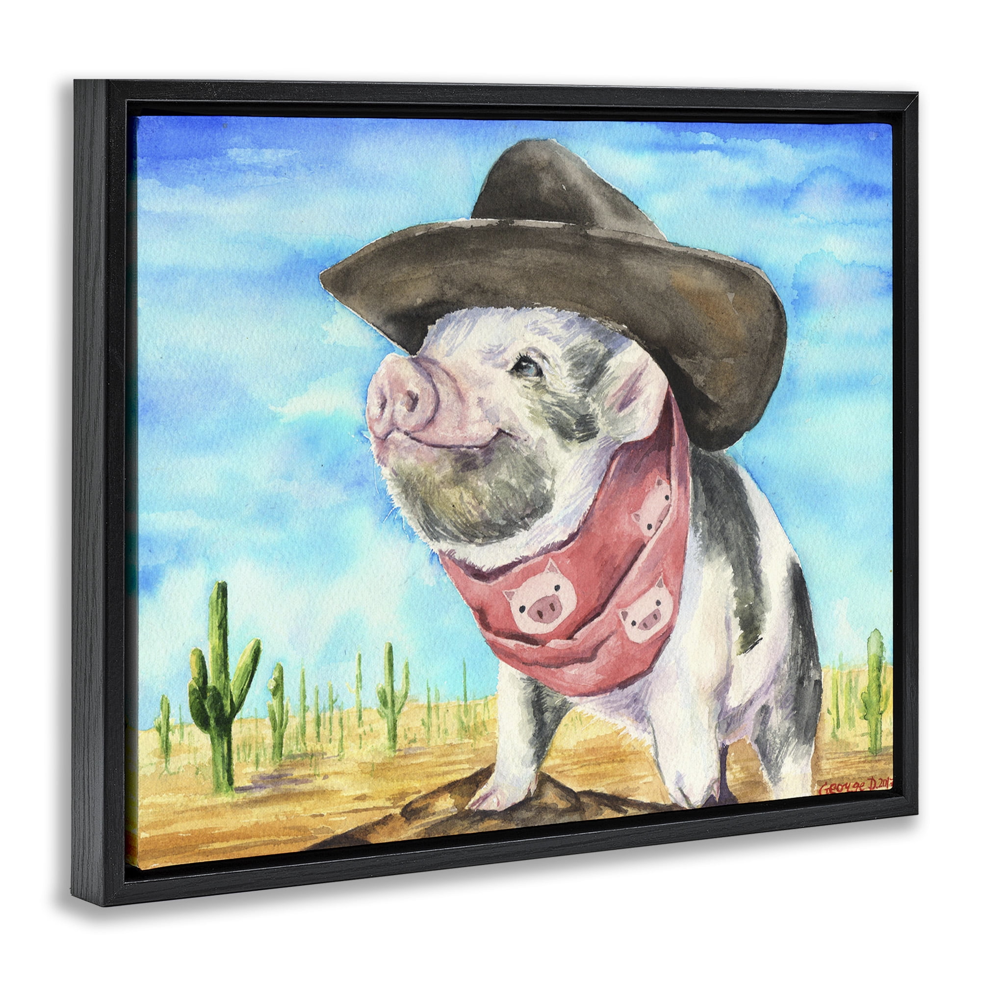 Stupell Industries Wild West Cowboy Pig Animals & Insects Painting Black Floater Framed Canvas Art Print Wall Art, 31 x 25
