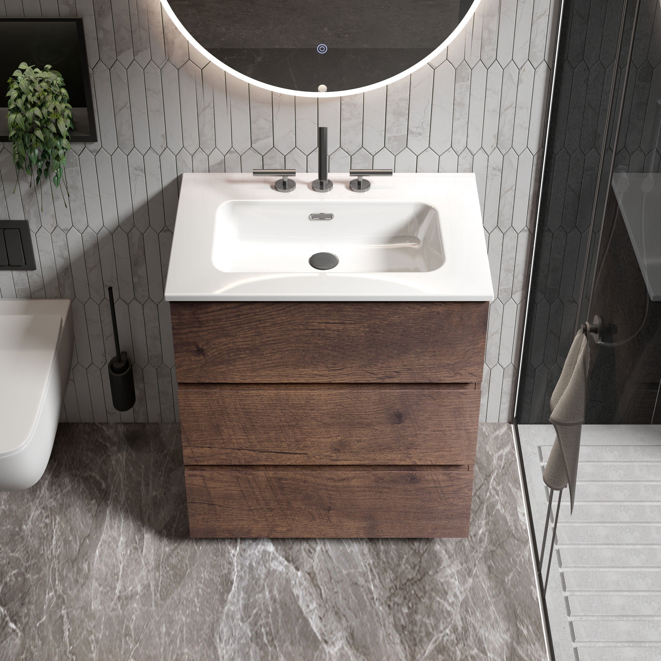 CITTANEO 24" Bathroom Vanity with Ceramic Sink, Contemporary Bathroom Cabinet with 3 Drawers, Walnut