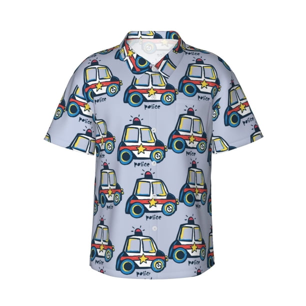 Balery Police Car Camisas hawaianas de manga corta para hombre, camisas playeras de corte holgado, camisas de vacaciones con botones,Small