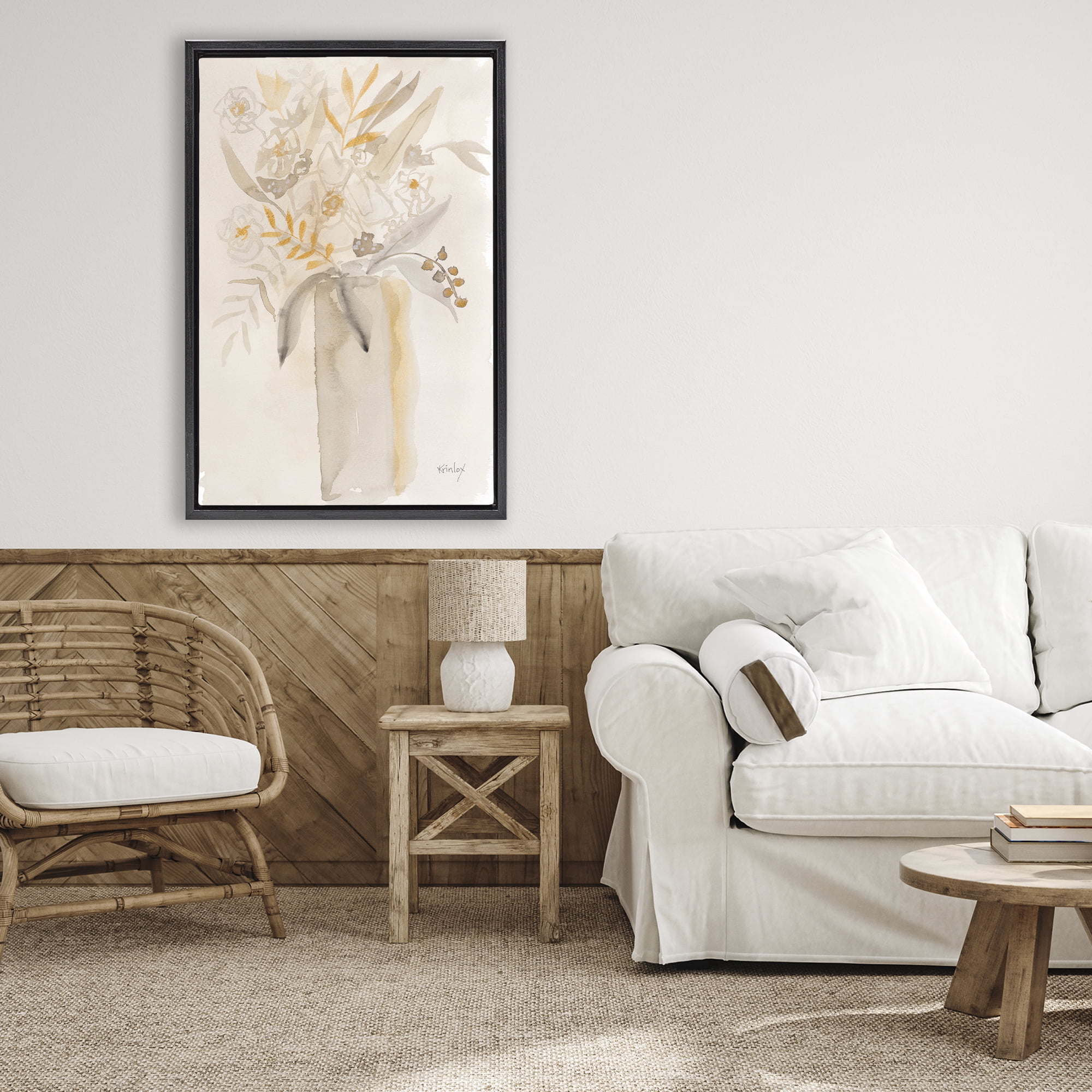 Stupell Industries Earthy Soft Flower Vase Black Framed Floater Canvas Wall Art, design by Krinlox