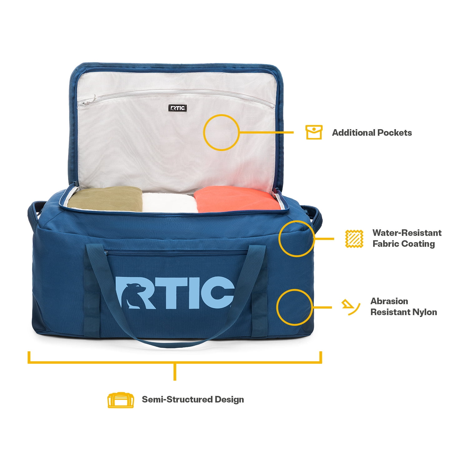 RTIC Road Trip Duffle Bag, Large, Water Resistant, Durable Fabric, Navy & Denim