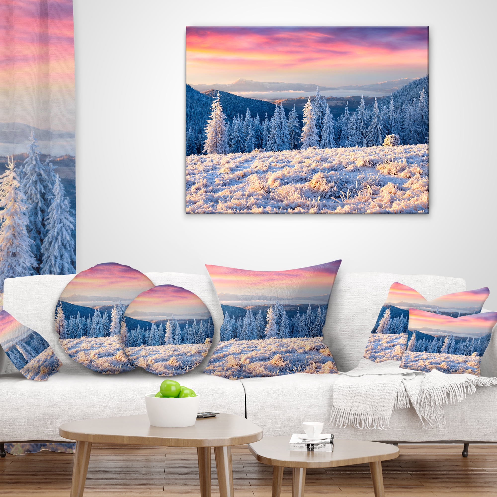 Designart Amazing Winter Sunrise in Mountains - Landscape Printed Throw Pillow - 12x20
