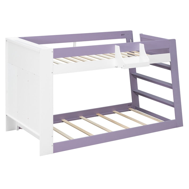 Twin-Over-Twin XL Kids/Teens Bunk Bed with Open Shelves & Guardrail, Accent Two-Tone Wood Storage Bed Frame with Bedside Rack