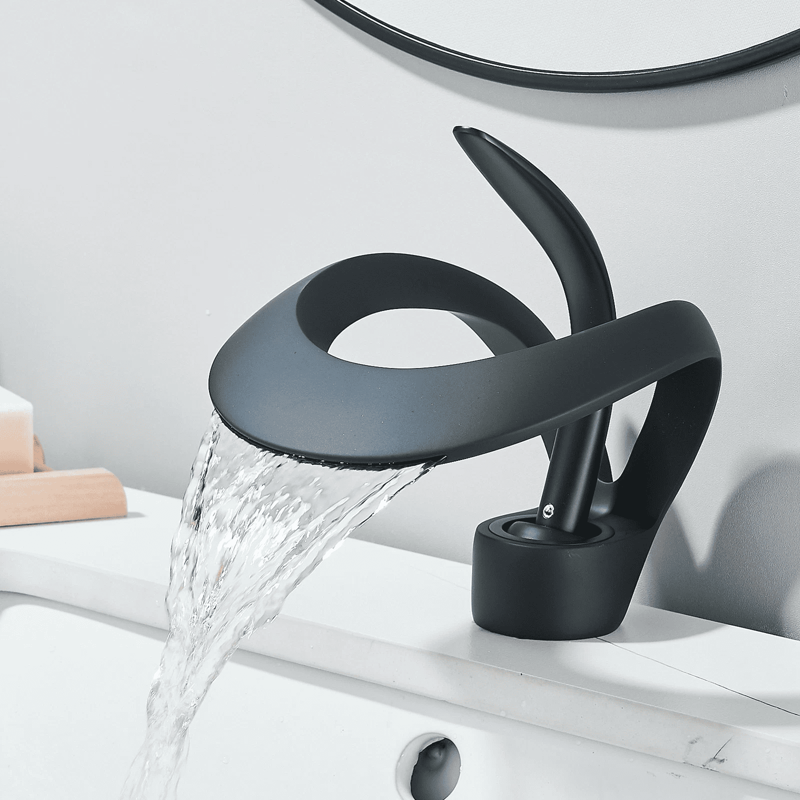 Zovajonia Matte Black Waterfall Bathroom Sink Faucet Round Single Handle One Hole Vanity Basin Single Deck Mount Creative Hollowed Body Design