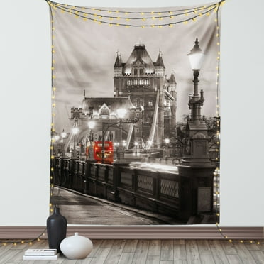 Black and White Tapestry, London Theme Tower Bridge in the Famous City Urban Life Scenery Europe, Wall Hanging for Bedroom Living Room Dorm Decor, 40W X 60L Inches, Taupe Grey Red, by Ambesonne