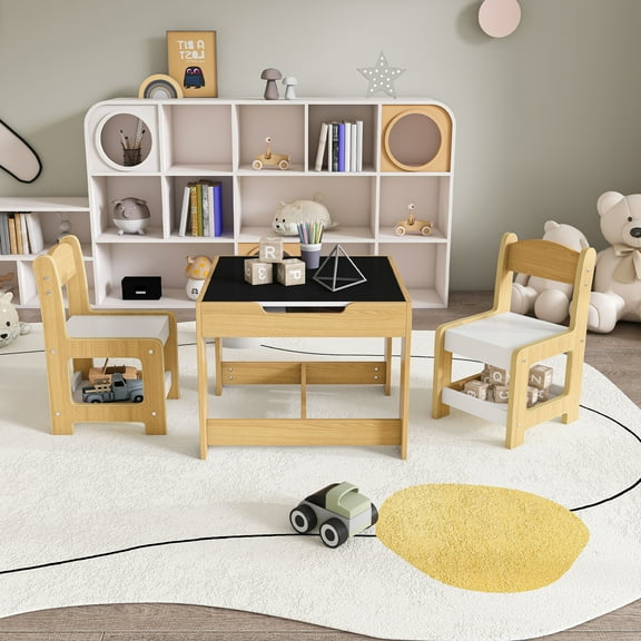 3-in-1 Kids Study Table & Chairs Set - Multi-Functional Activity Table with Detachable Blackboard Top for Drawing/Reading/Play, Durable Engineered Wood (MDF) Nursery Furniture for Toddlers