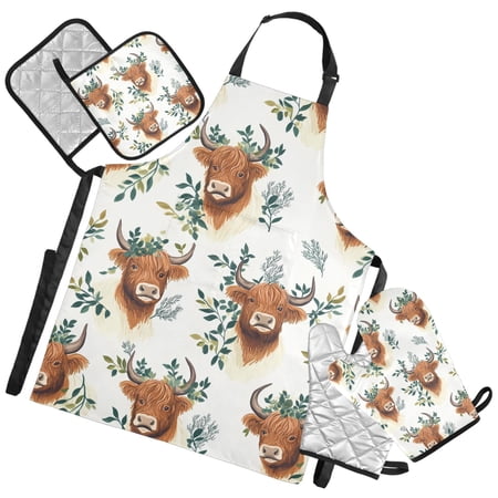Ryvnso Highland Cattle Leaves-h1 Kitchen Apron Oven Mitts Set Pot Holders