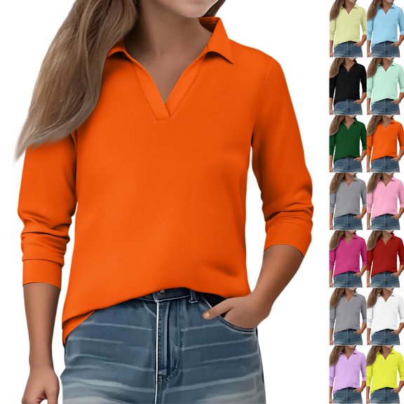 Girls Polo Shirt Kids Golf Long Sleeve School Uniform Toddler Girls Fall Collared T Shirt Dress Athletic Clothes,Orange,13-14 Years