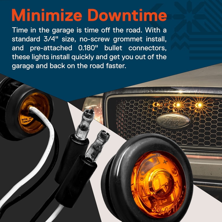 20-Pack Amber 3 LED Side Marker Clearance Lights - 3/4 Inch Round Bullet Lights With Black Ring, 12V DOT/SAE For Trailers
