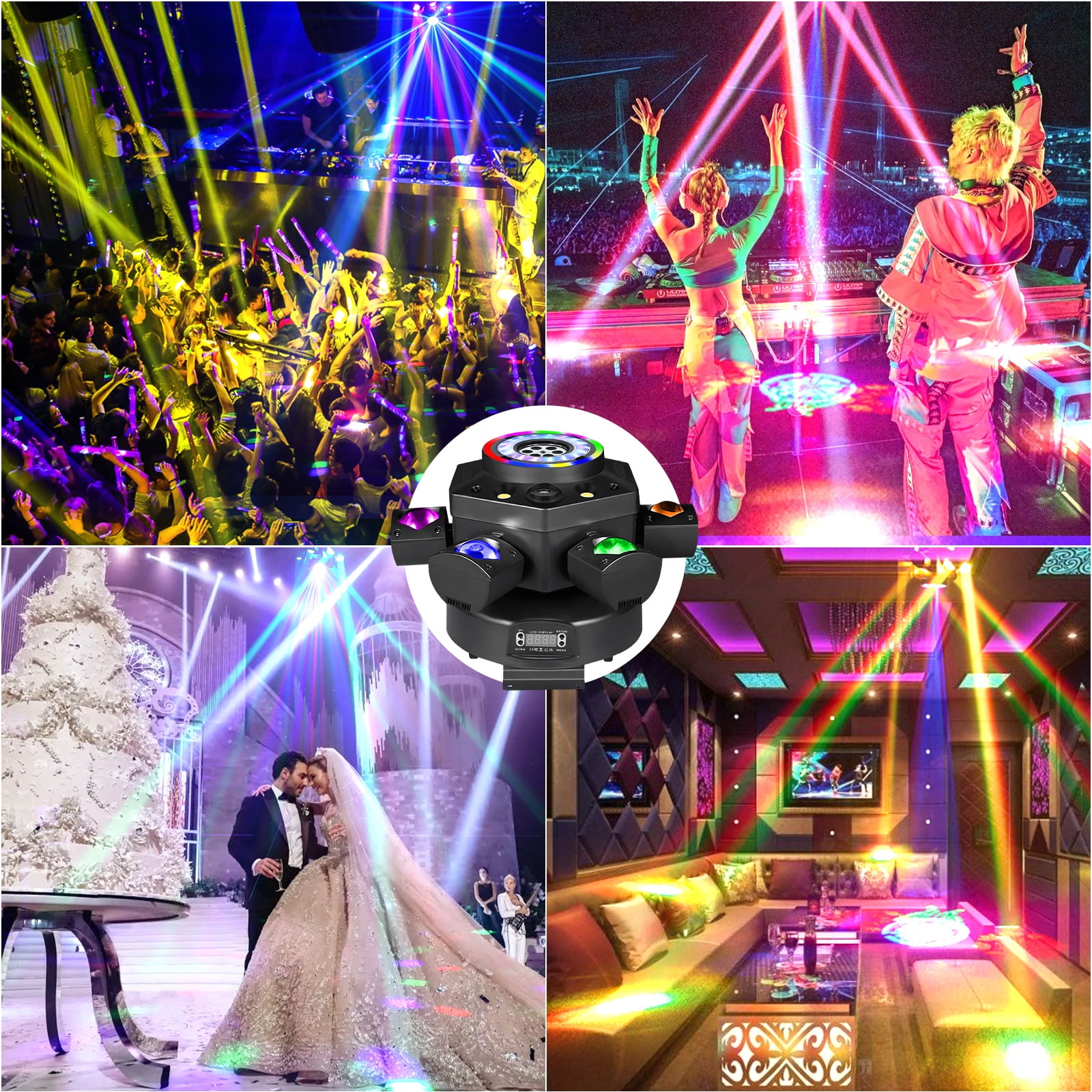150W Disco Stage Light, 6 Arm RGBW LED  Moving Head DJ Lights  with Mixed Lighting Effects, Sound Activated, DMX 512 Remote Control DJ Lights for Disco Club Wedding Party (Pattern)