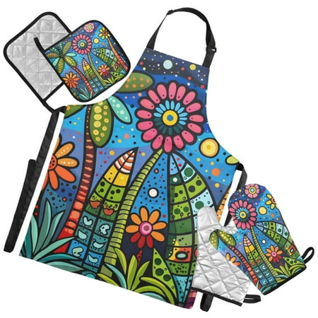 Ryvnso Retro Flowers Kitchen Apron Oven Mitts Set Pot Holders