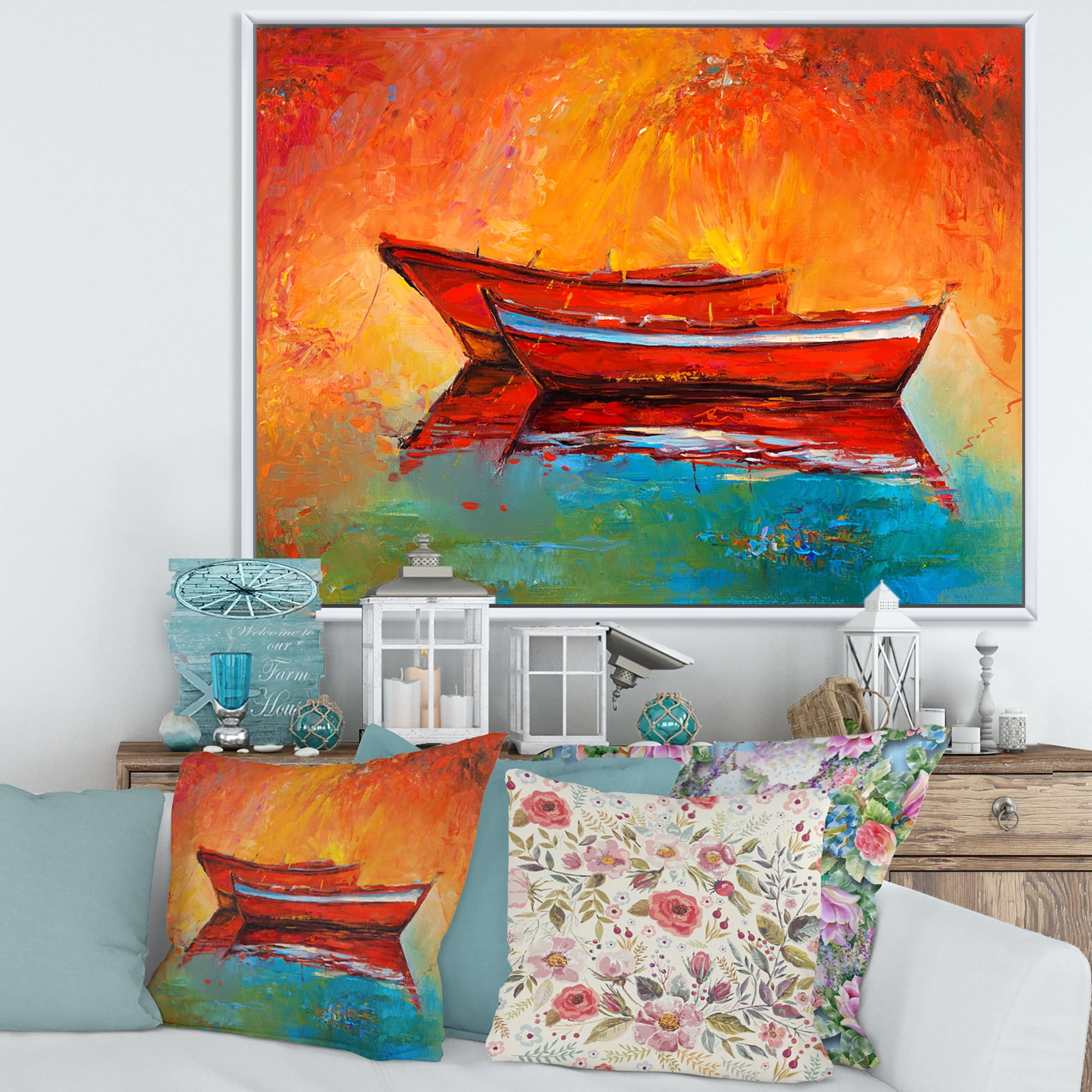 Two Red Boats During Sunset In Lake 20 in x 12 in Framed Painting Canvas Art Print, by Designart