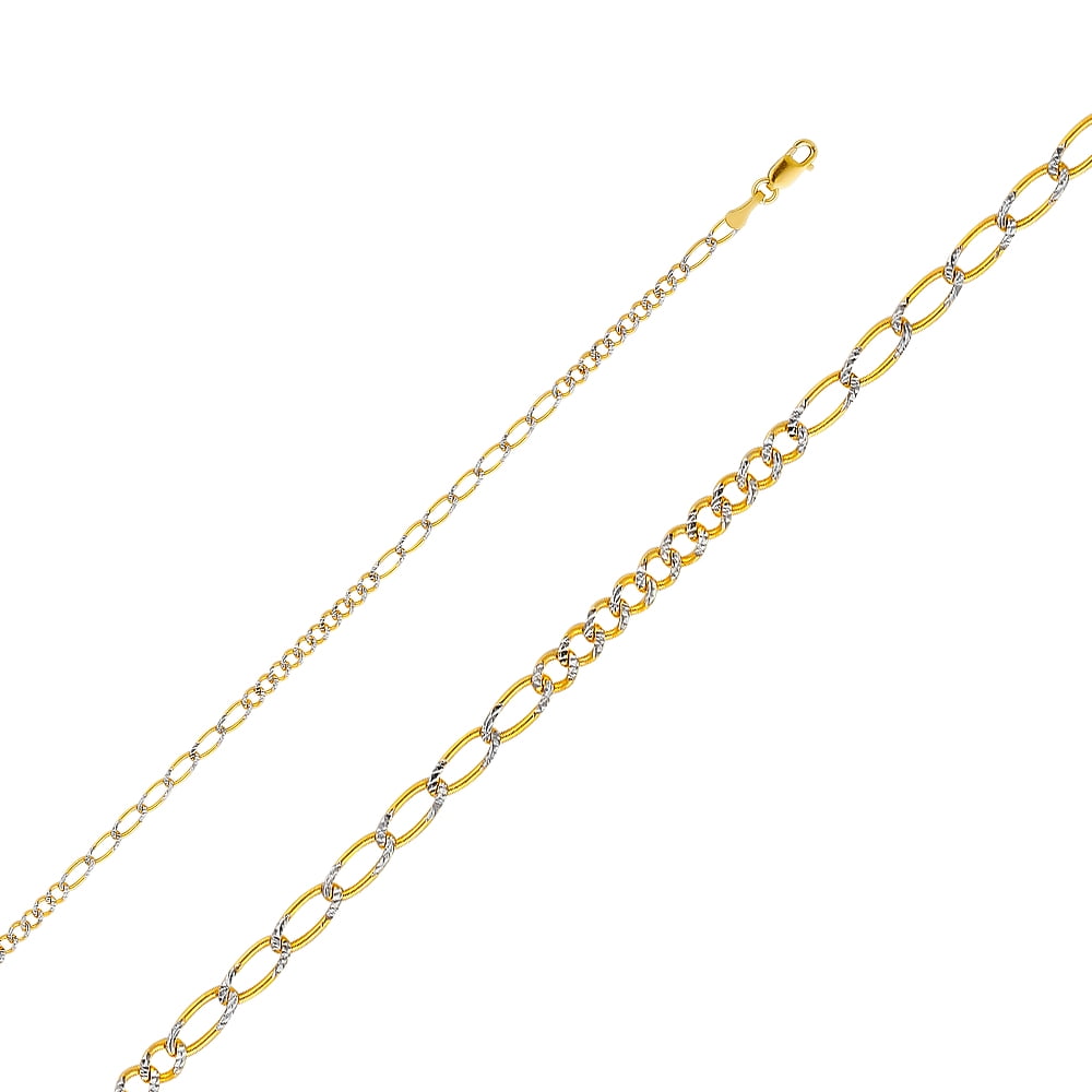 FB Jewels 14K White and Yellow Gold Two Tone Figaro White Pave Chain Necklace With Lobster Claw Clasp