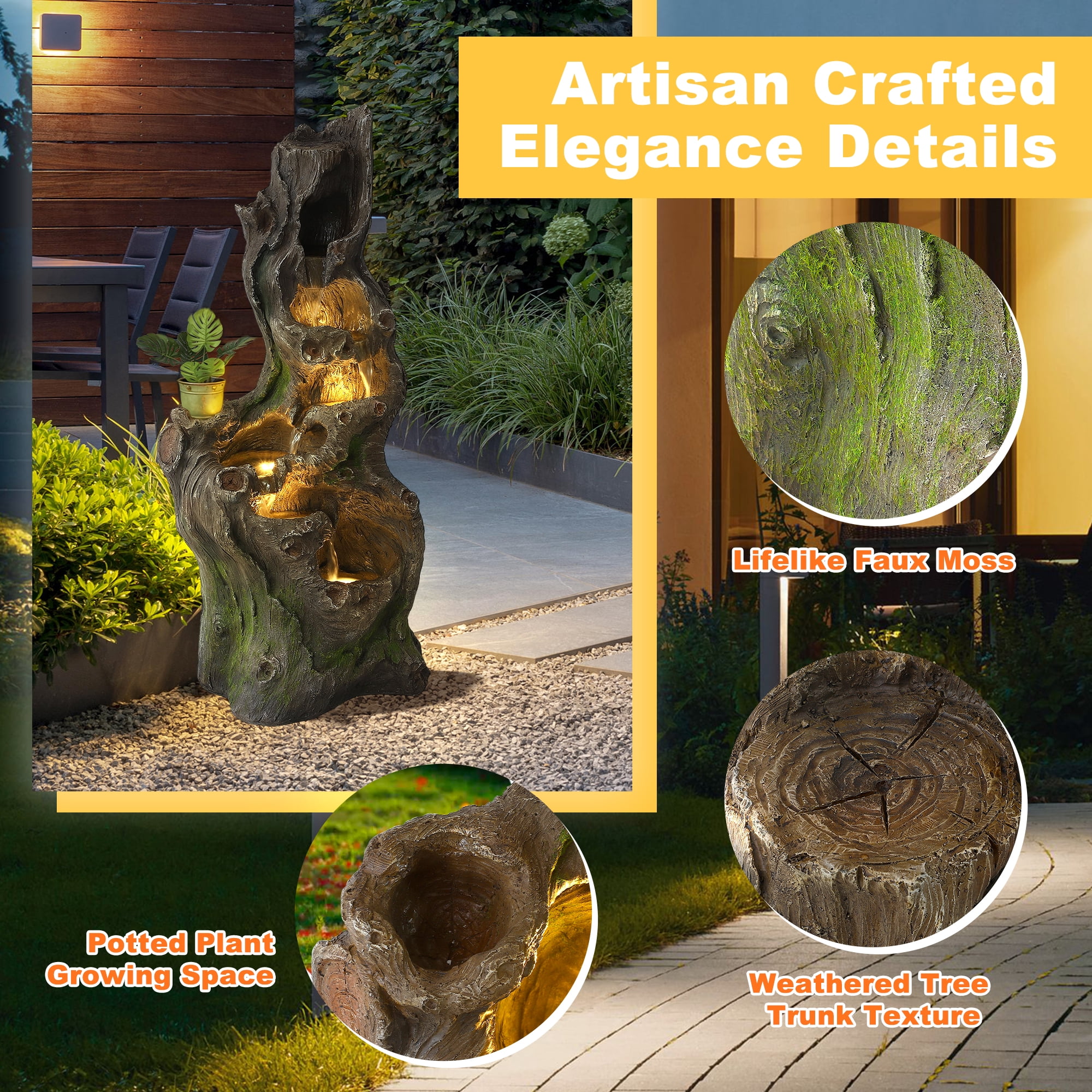 Magic Union 40" Outdoor Water Fountain, 6 Tiers Cascading Realistic Tree Trunk Waterfall Fountain with LED Lights, Freestanding Fountain Resin Imitation Wood for Garden Patio Balcony Yard