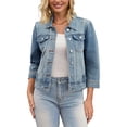thumbnail image 1 of Abrigo de mujer INSPIRE CHIC, chaqueta de mezclilla con cuello plano, botones, mangas 3/4, lavado, cropped, talla XL, azul claro, 1 of 6