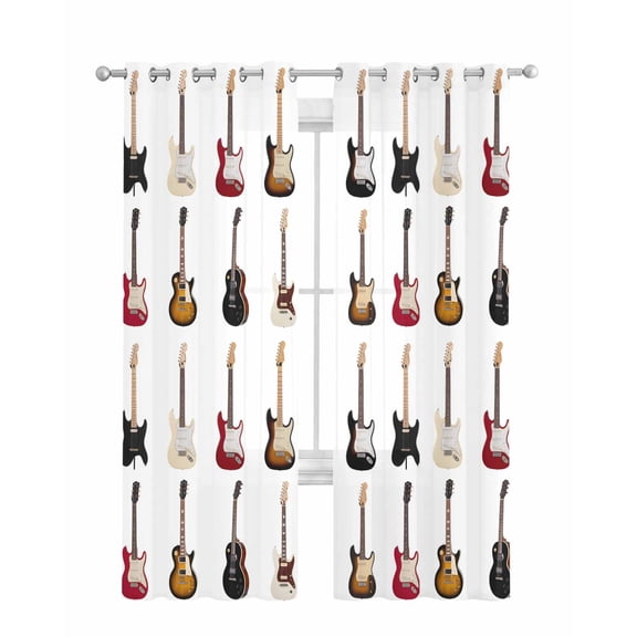 Music Sheer Curtains 63 Inch Length 2 Panels Set for Living Room/Bedroom, Red Beige Guitar Modern Art Kitchen Curtains with Grommet Semi-Sheer Curtains Drapes Voile Window Treatments 42"x63"x2