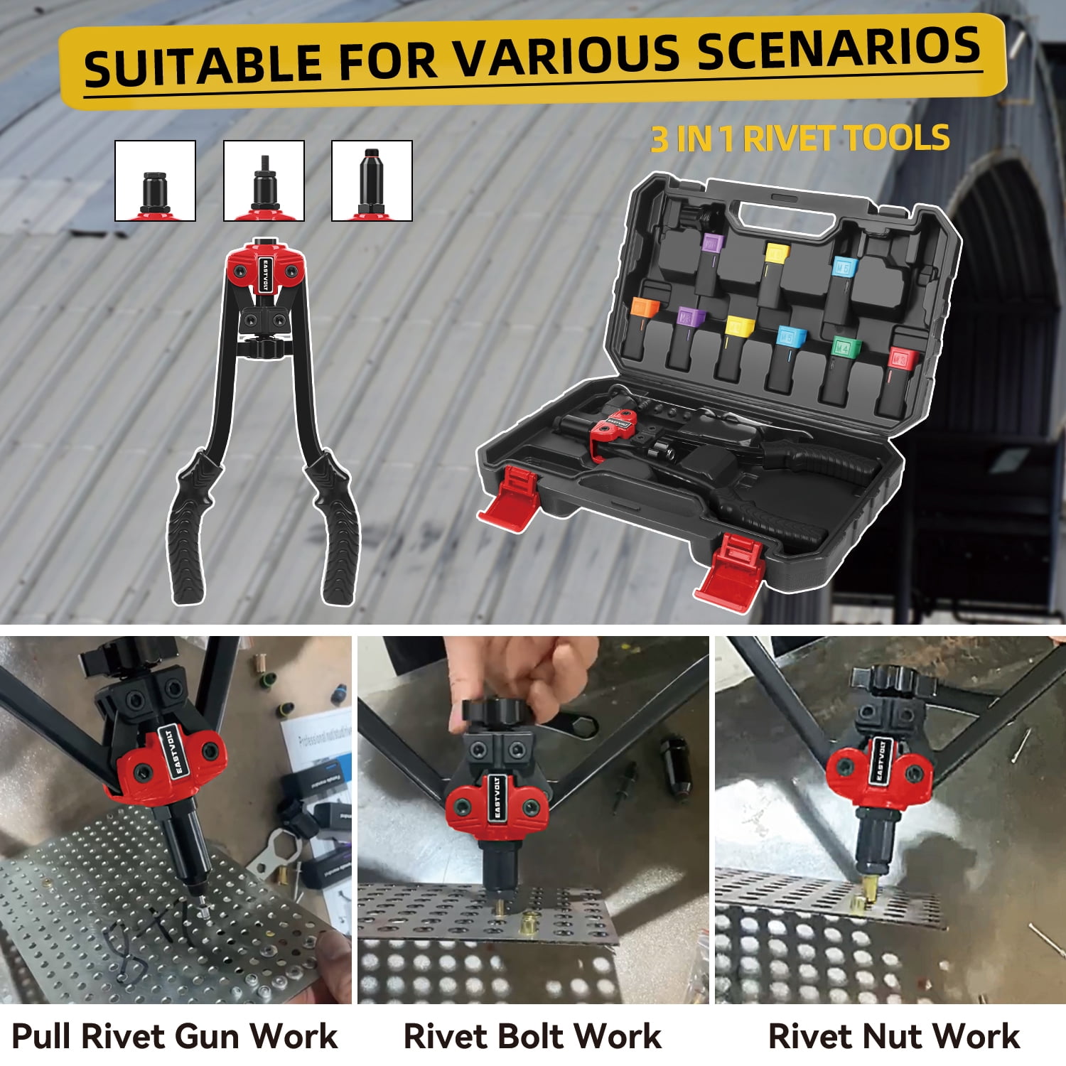 Rivet Nut Tool Kit, Eastvolt 14-Inch 3 in 1 Hand Rivet Gun with 6 Metric Mandrels M3 M4 M5 M6 M8 M10, Rivet Bolt Tool with 3 Metric Bolt Mandrels and Rugged Carrying Case