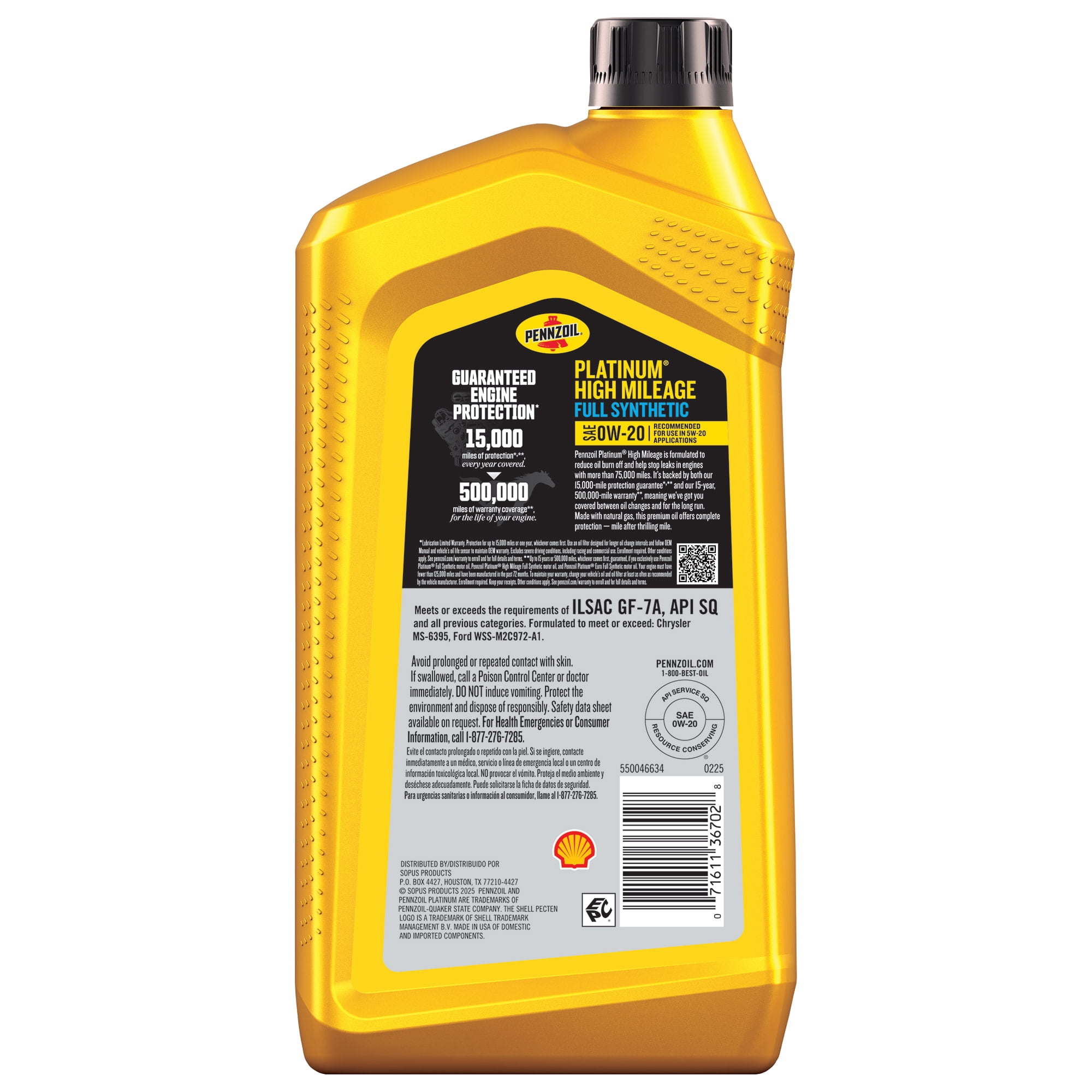 (3 pack) Pennzoil Platinum High Mileage Full Synthetic 0W-20 Motor Oil, 1 Quart