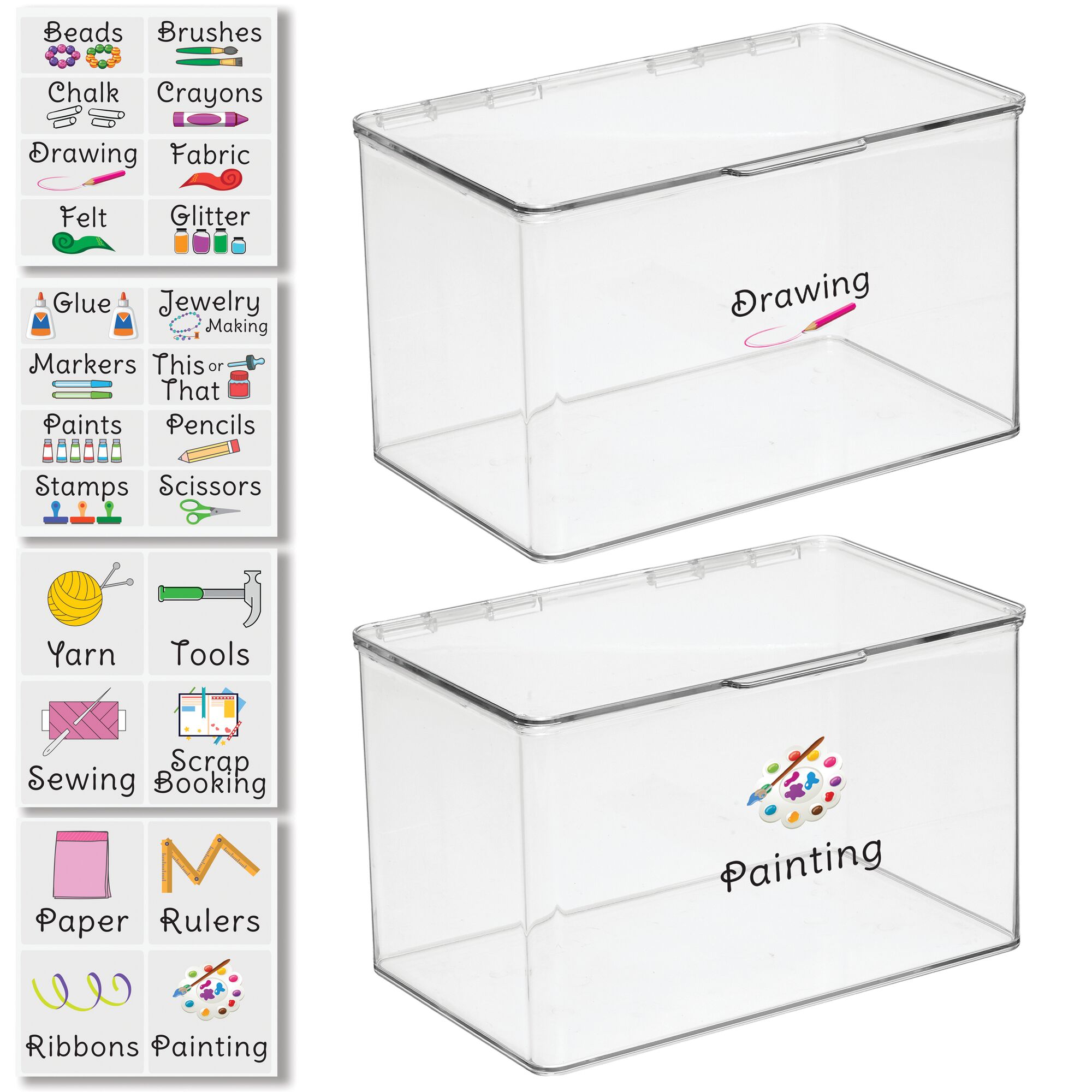 mDesign Small Plastic Stackable Lidded Craft Storage Box - Stacking Container Bin Tubs with Labels for Hobby, Crafts, and Organizing Art Supplies - 2 ...