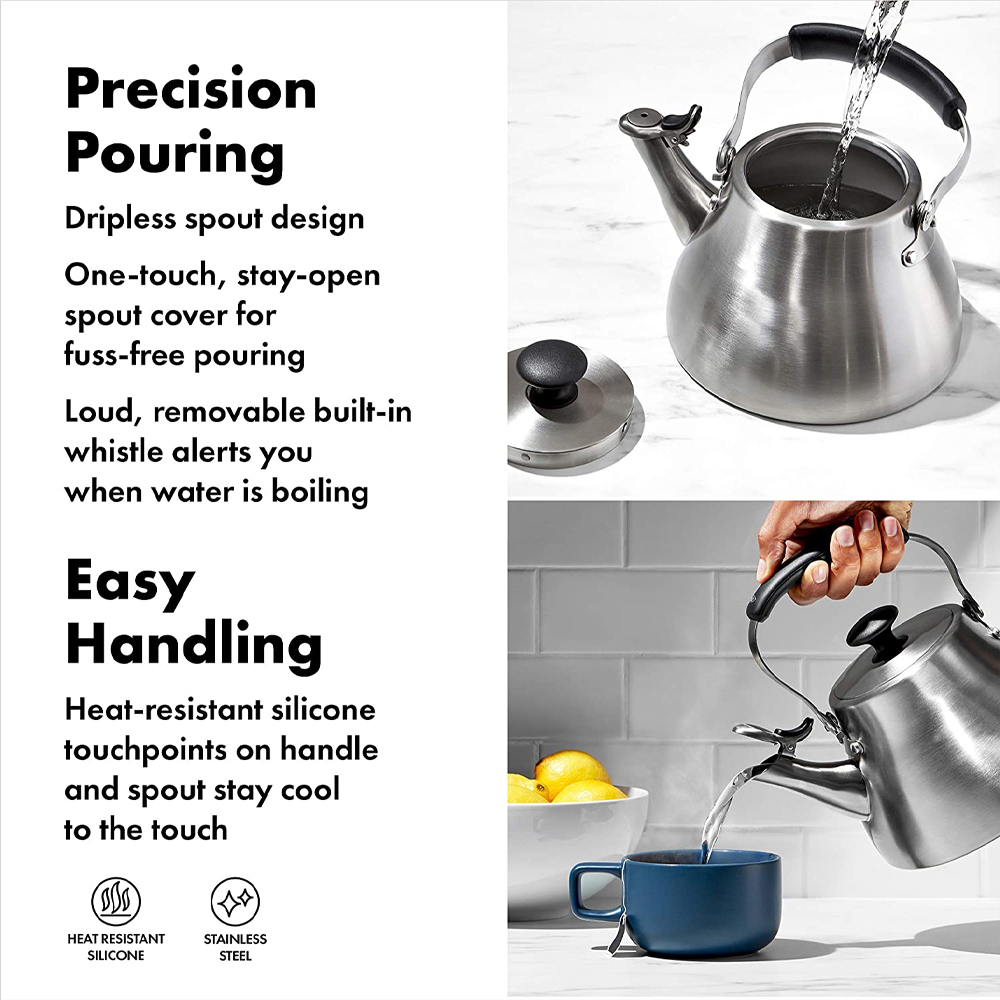 OXO Brew Classic Traditional Brushed Stainless Steel Tea Kettle Pot, Silver