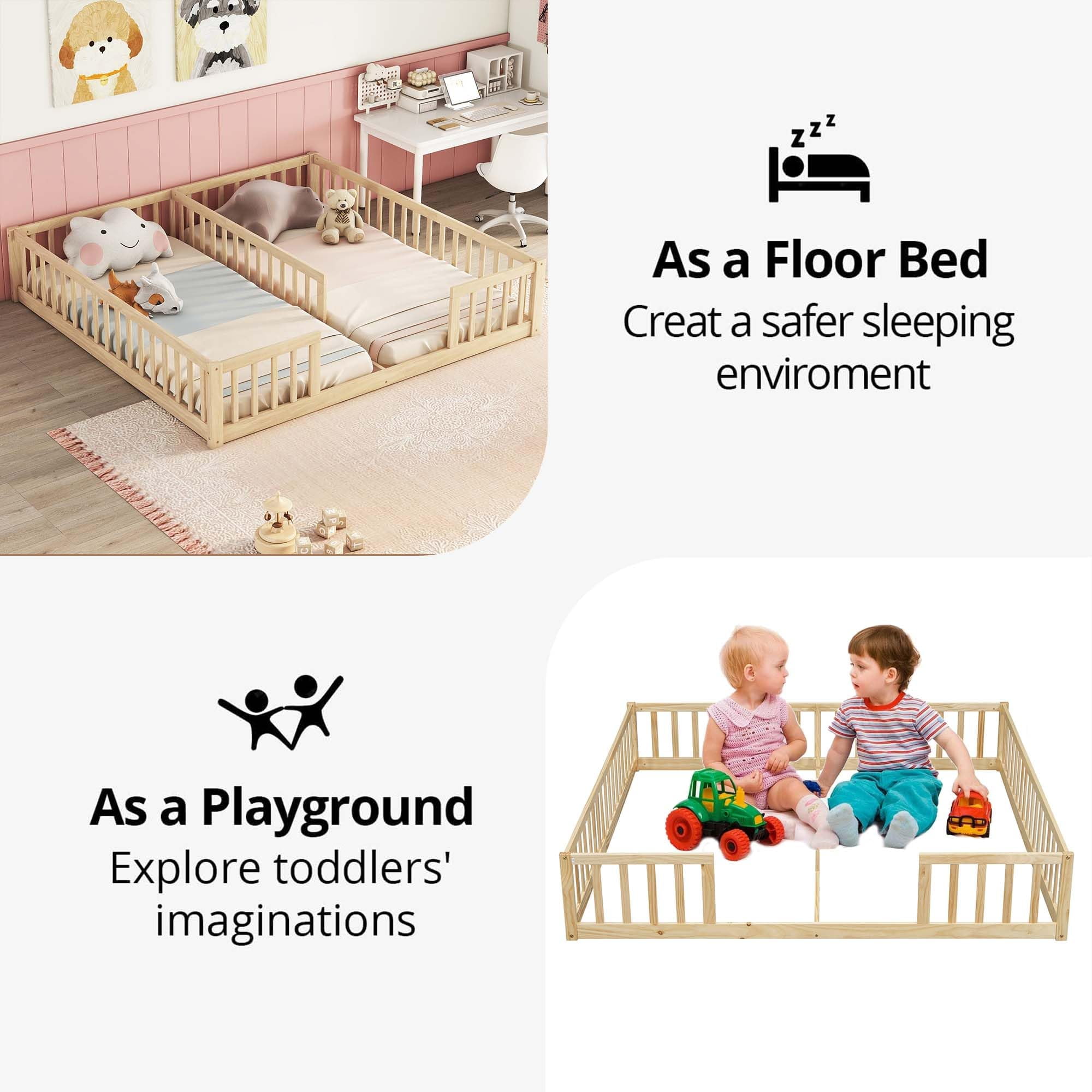 Double Twin Floor Bed, Montessori Bed Frame with Fence, Wooden Double Floor Bed with Guardrails for 2, Box Spring Needed, Natural