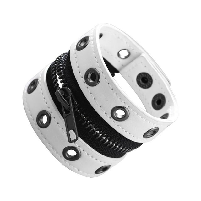 Pulsera de cuero PU con cremallera para adultos, con correa ancha, de luzhenghobby Blanco