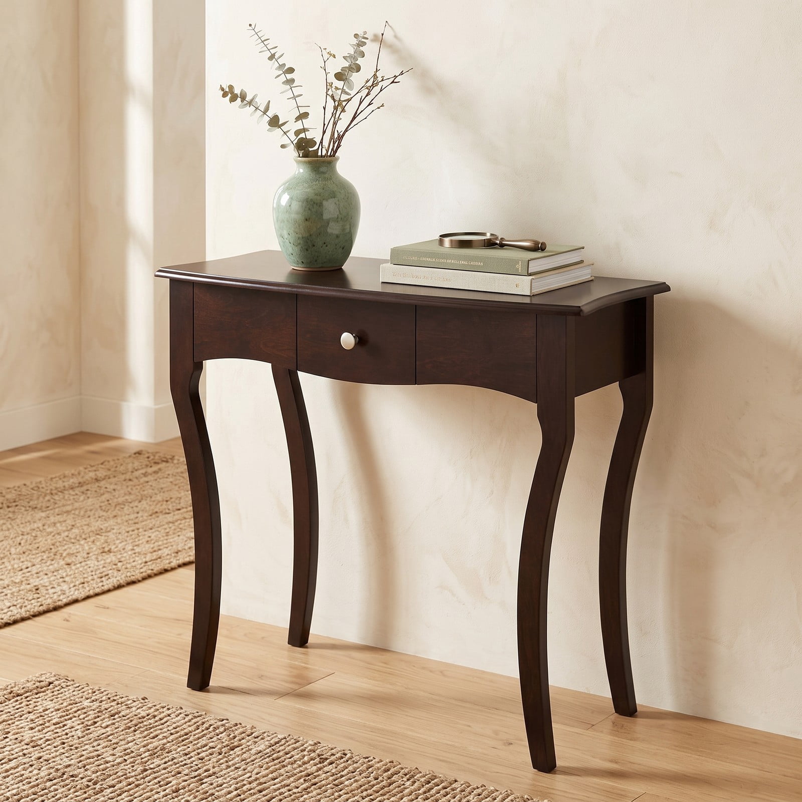 Furnibear Console Table with Storage Drawer and Solid Wood Frame and Curved Cabriole Legs for Entryway and Hallway, Espresso